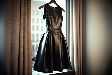 Beautiful black evening sparkly dress for wedding, party or prom hanging by the window on a hanger. Generative AIの素材