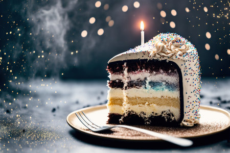 Fantasy design space birthday cake with burning candles. Generative AIの素材