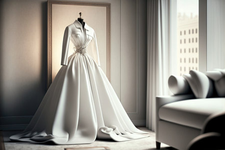 Elegant classic wedding dress on hanger. natural light. Generative AIの素材