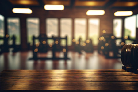 Blurred gym, fitness center. wooden table. Generative AI.の素材