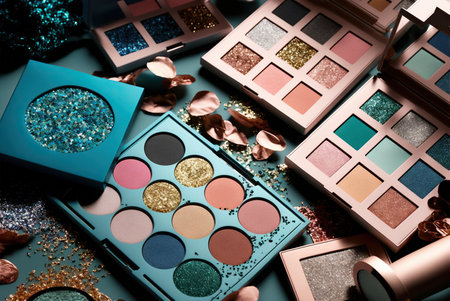 Stylish fashion eyeshadows makeup arrangement colorful pattern background. Generative AIの素材