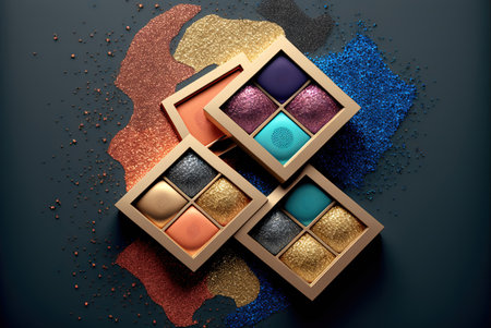 Stylish fashion eyeshadows makeup arrangement colorful pattern background. Generative AIの素材
