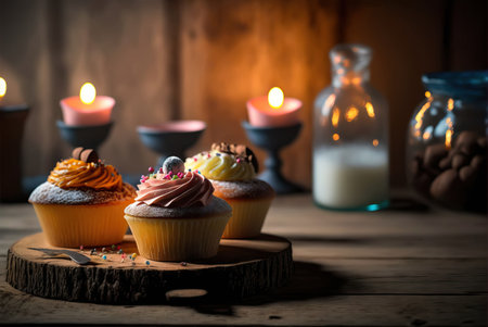 Delicious muffins, cupcakes, rustic background. Generative AIの素材