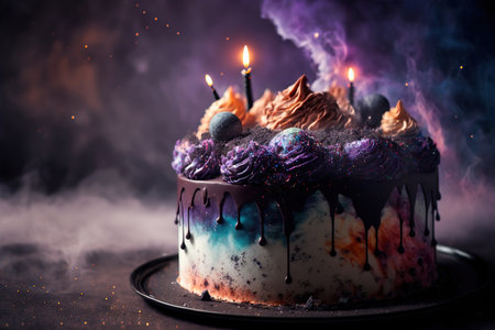 Fantasy design space birthday cake with burning candles. Generative AIの素材