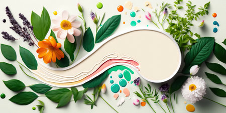 Empty frame surrounded by colorful spring flowers. Generative AI.の素材