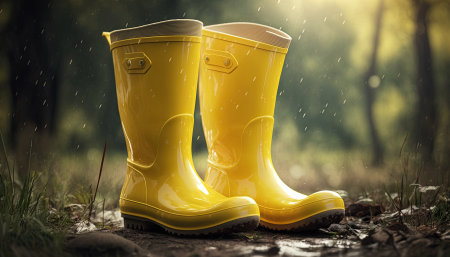 Yellow rubber boots stand in a puddle in the gardenの素材