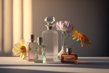 Collection of transparent multi color glass floral perfume bottles on a light simple background. Art composition still life. Stylish perfume banner. Generative AI.の素材