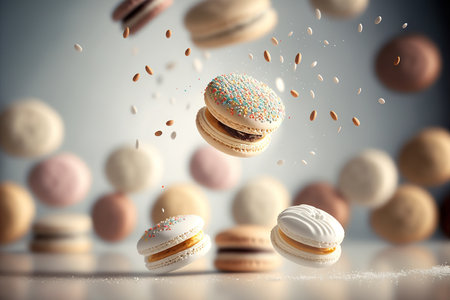 Levitating colorful macaroons. Generative AIの素材