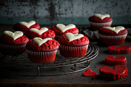 Red velvet cupcakes, Saint Valentine sweet treat concept. Generative AIの素材