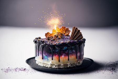 Fantasy design space birthday cake with burning candles. Generative AIの素材