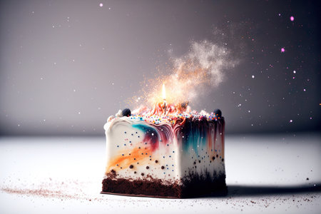 Fantasy design space birthday cake with burning candles. Generative AIの素材