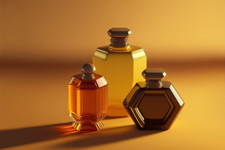 Collection of transparent multi color glass perfume bottles on a light simple background. Art composition of very sweet gourmand warm scents. Stylish perfume banner. Generative AI.の素材
