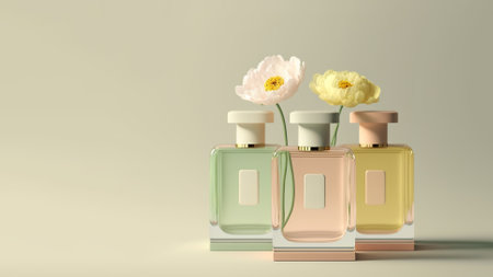 Fresh spring romantic image, stylish transparent glass perfume bottles. Stylish perfume banner. Generative AI.の素材