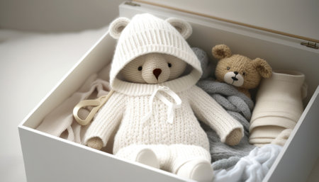 Cute teddy bear and box with knitted baby clothes. Generative AIの素材