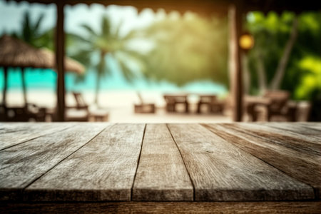 Tropical beach bar blurred, wooden table. ocean view. Generative AIの素材