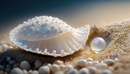 Beautiful pearl shells on a sandy beach. Generative AIの素材