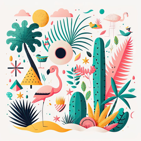 Abstract illustration with colorful geometric and natural elements. Summer tropical theme. Generative AIの素材