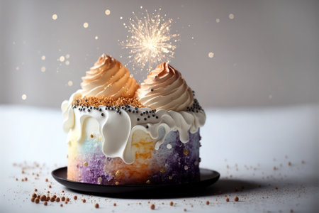 Fantasy design space birthday cake with burning candles. Generative AIの素材