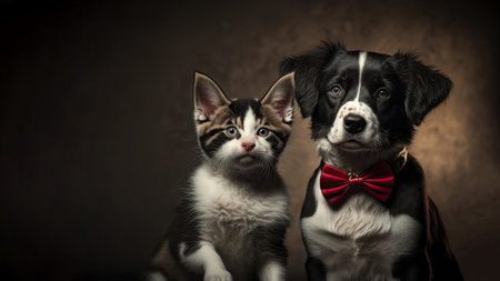 Portrait of a black and white border collie dog with a kitten in a red bow tieの素材