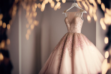Elegant pink wedding dress , prom dress on hanger. Generative AIの素材