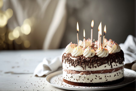 Beautifully decorated birthday cake with burning candles. Generative AIの素材
