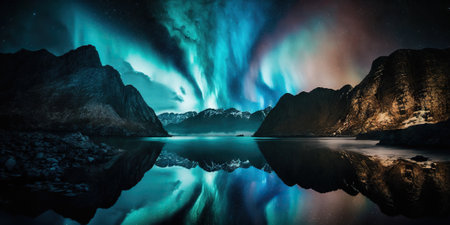 Northern light above fjords. Generative AIの素材
