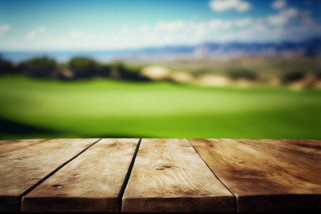 Blurred spacious green field, wooden table, sunny day. Golf club, resort. Generative AIの素材