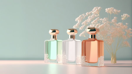 Fresh spring romantic image, stylish transparent glass perfume bottles. Stylish perfume banner. Generative AI.の素材
