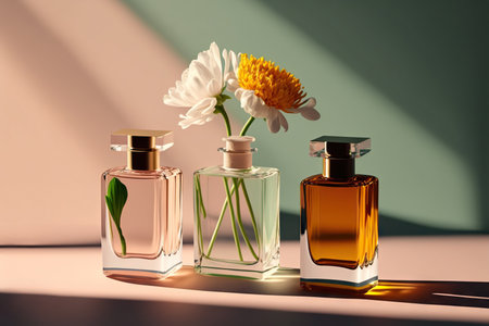 Collection of transparent multi color glass floral perfume bottles on a light simple background. Art composition still life. Stylish perfume banner. Generative AI.の素材