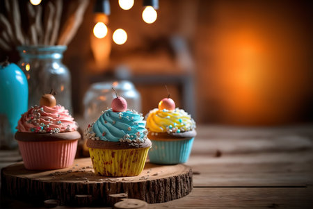 Delicious muffins, cupcakes, rustic background. Generative AIの素材