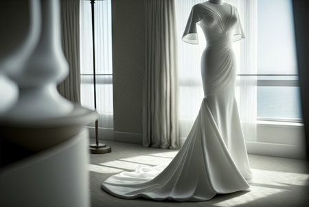 Elegant classic wedding dress on hanger. natural light. Generative AIの素材