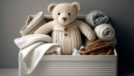 Cute teddy bear and box with knitted baby clothes. Generative AIの素材