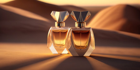 Warm and sensual fragrance perfume bottles. Art composition still life. Stylish perfume banner. Generative AI.の素材