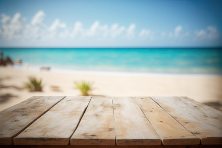 Tropical beach bar blurred, wooden table. ocean view. Generative AIの素材