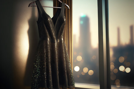 Beautiful black evening sparkly dress for wedding, party or prom hanging by the window on a hanger. Generative AIの素材