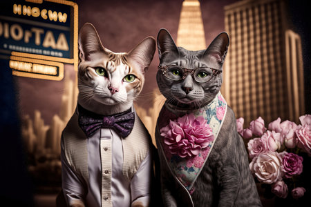 Fashion dressed cats having fun in night city, funny illustration. Generative AIの素材