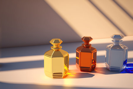 Collection of transparent multi color glass perfume bottles on a light background. Art composition still life. Stylish perfume banner. Generative AI.の素材
