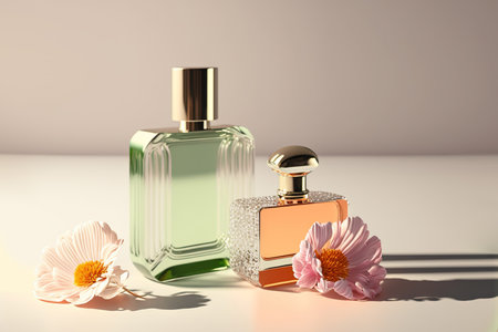 Collection of transparent multi color glass floral perfume bottles on a light simple background. Art composition still life. Stylish perfume banner. Generative AI.の素材