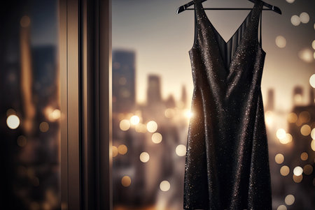Beautiful black evening sparkly dress for wedding, party or prom hanging by the window on a hanger. Generative AIの素材