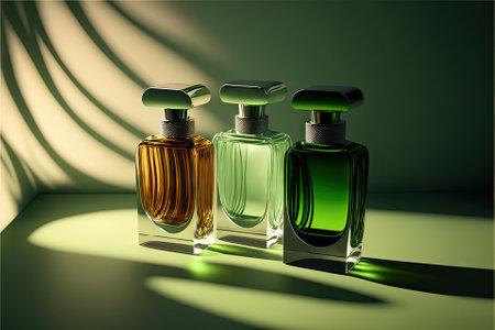 Collection of transparent multi color glass perfume bottles on a light background. Art composition still life. Stylish perfume banner. Generative AI.の素材