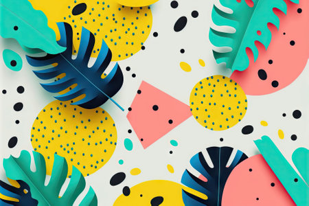 Playful tropical illustration with leaves and fruits, flat style. Generative AIの素材
