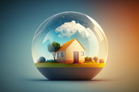 Cute little house in 3D style under transparent dome. Generative AIの素材