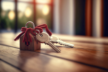 Concept of buying a home. A bunch of keys tied with a red ribbon on a wooden table. Generative AIの素材