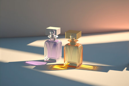 Collection of transparent multi color glass perfume bottles on a light background. Art composition still life. Stylish perfume banner. Generative AI.の素材