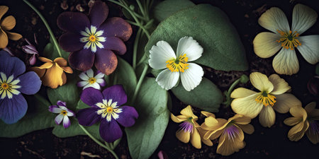 Vintage spring flowers bouquet on dark background. Generative AI.の素材