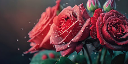Beautiful bouquet of roses close up illustration, banner. Generative AIの素材