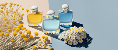 Bold trendy sunny summer transparent glass perfume bottles, stylish parfumerie banner. Generative AI.の素材