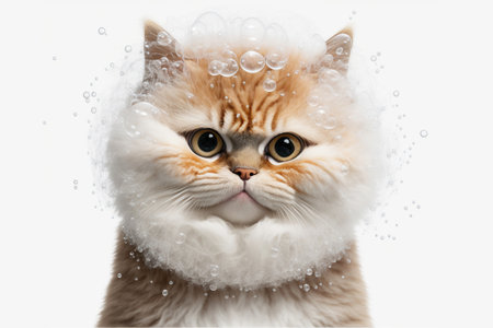 Funny illustration of surprised cat swimming, splashes of water around. white background. Generative AIの素材