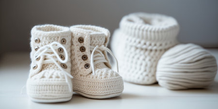 Handmade knitted baby boots. Generative AIの素材