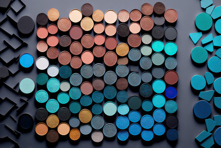 Stylish fashion eyeshadows makeup arrangement colorful pattern background. Generative AIの素材